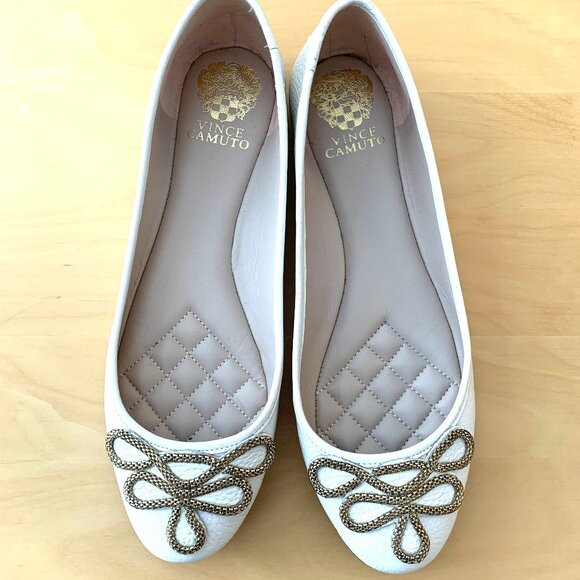 Vince Camuto White Leather Ballerina Flats With Gold Braid Detail - Picture 1 of 4